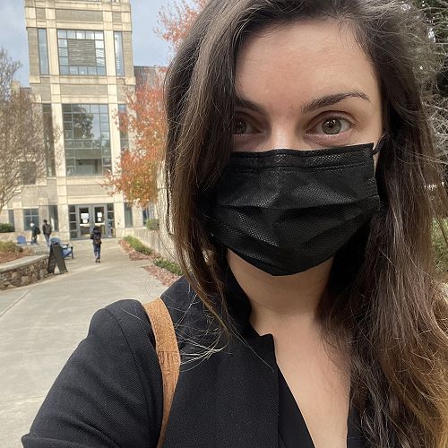 Scarlett Hawkins, Selfie in front of the Sanford School of Public Policy, Duke University
