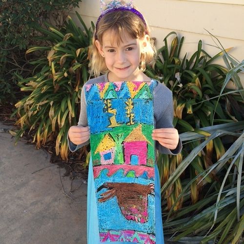 Elyssa and her crayon batik panel.