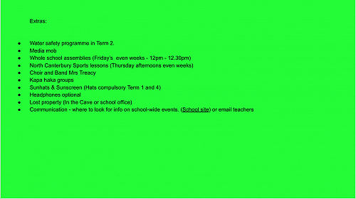 These extra notes sometimes arise when we run a 'normal' meet the teacher evening. Please check both the Kakariki blog and school website if you need more information.