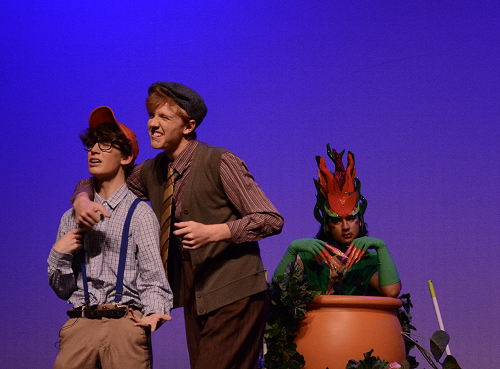 Harvey Rawlings (Seymour Krelborn) and Caleb McGuire (Mr Mushnik) and Nikhil Rawat (Audrey II)