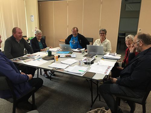 Tui Motu Board at work L-R Neil Darragh Chair, David Mullin, Elizabeth Mackie OP, Kevin Toomey OP, Agnes Hermans, Rita Cahill RSJ & Philip Casey.  Absent - Paul Ferris & Cathrine Harrison