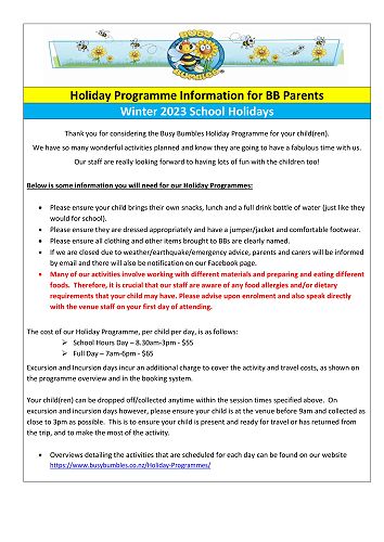 BB's Holiday Winter Programme Information 2023