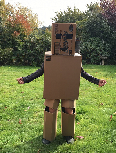 Bilal Ahmad (Year 5) wearing his cardboard creation