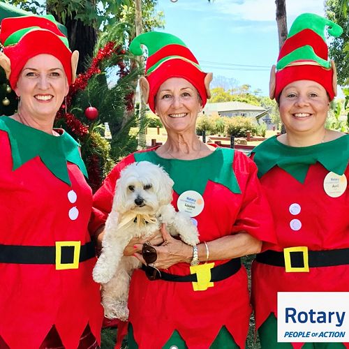 2020-12-13 PE Beck Cameron, Louise Garrett, Avril Pryor, (Rotarians from the Rotary Club of Milton-Ulladulla, D9705), dressed as Christmas Elves for the yearly Community Christmas BBQ at Rotary Park, Ulladulla, NSW, for Community members and kids.