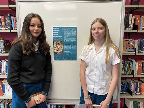 (left to right) Winner Georgiana Cameron 9WTM and Runner-up Mia Brent 9WTM (speech topic Nellie Bly)