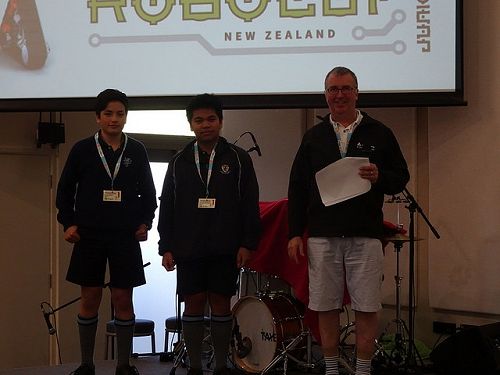 Ocean. From left; Ocean Allemann and Christian Macalisang with Donald Liddell (Otago Robotics Education Committee Chairman).