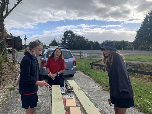 Tanesha, Emma and Te Ana preparing their timber