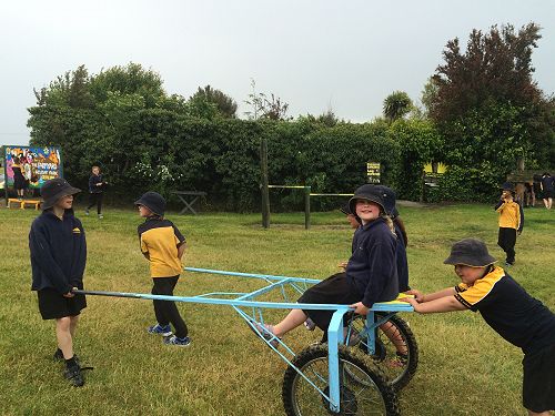 Kate and friends in sulky being pushed by Ryley and Luca.