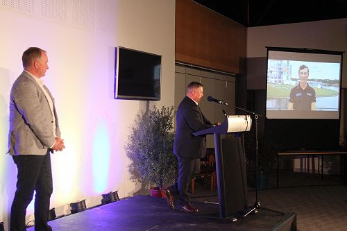 Video feed acceptance speech from Sam Bosworth in Florida 