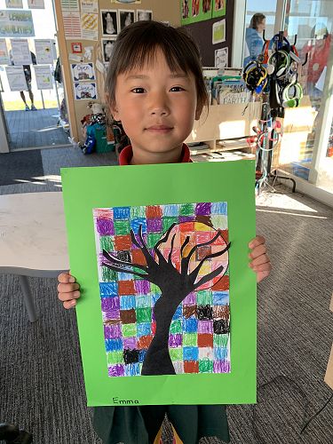 "I liked the tree art because I got to use a lot of pretty pastels. I'm proud of the moon and the tree because I cut it out really carefully." - Emma 