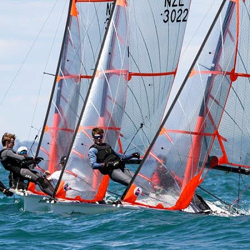 Harry McMullen (second from left), taken off the start of the Auckland 29er Championship. Harry is sailing with his brother, Hugo.
