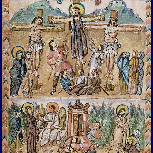 Earliest crucifixion in an illuminated manuscript in Vangeli di Rabbula/Rabbula Gospels (6th Century) Biblioteca Medicea Laurenziana