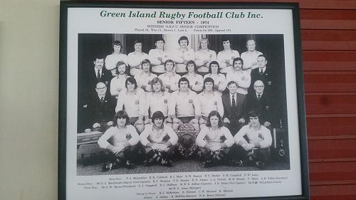 Club All Blacks Merv Jaffray & Brian McKechnie with Green Island Senior team mates in 1974