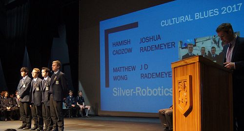 The robotics team receive their Silver Awards. From left; Matthew Wong, J D Rademeyer, Joshua Rademeyer and Hamish Cadzow