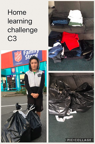 Liam donating items to Salvation Army. 