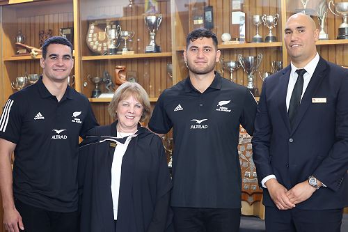 From left, newly-named Māori All Black Josh Moorby, Headmaster Mrs Susan Hassall, fellow Māori All Black Rameka Poihipi and former Māori All Black and now HBHS teacher, Mr Luke Katene.