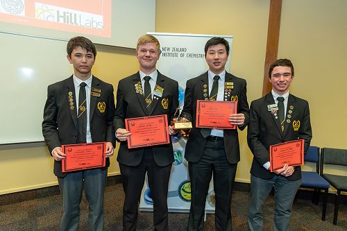 The NZIC Analytical Chemistry Trophy winning team of (from left) Alexander Mayo, Samuel Priest, Alex Liu, and Thomas ter Beek