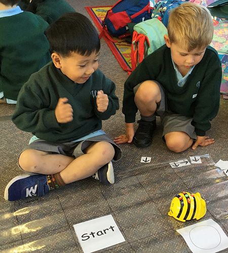 Leo and Blair watched with anticipation as the Bee-Bot ran their programme.