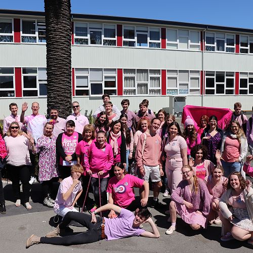Staff and students show off their pink attire for Pink Shirt day