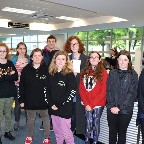 Principal Mike Fowler, Library Bingo Participants and Librarian Liz Jones