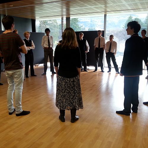 "Hound of the Baskervilles" actor Simon Leary takes the senior drama class through some vocal technique exercises