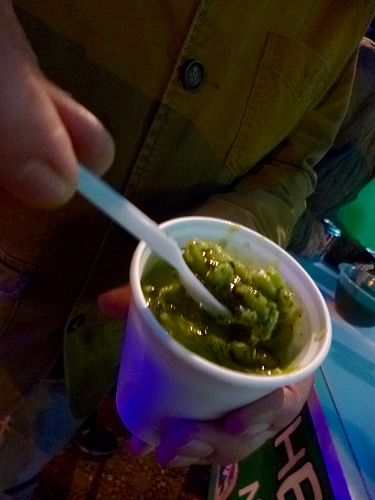 Eating mushy peas and mint sauce at Goose Fair, Nottingham