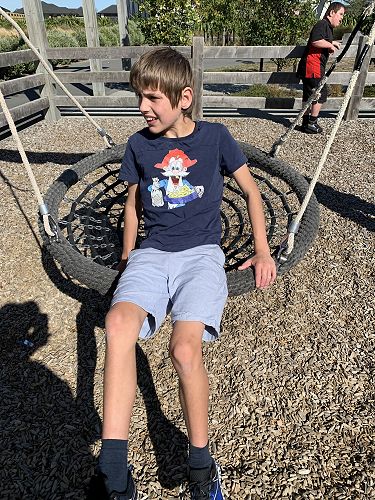 Swinging is one of Kaspar's favourite activities. Riley is checking out the perimeter of the playground. 
