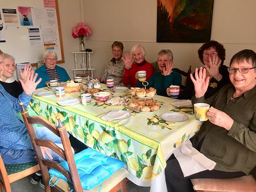 Morning Tea September. L-R: Nearly cut out Colin MacLeod, Laurel Lanner, Shirley Curran, Maureen Smith, Joan Rea, Kris Bennett, Anne Kennedy (2018)