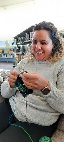 Ms Mary-Ellen Luyten having a go at crochet