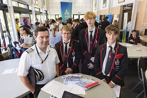 Old boy Josh Back, an Air New Zealand pilot, with, from left, Oscar Cox, Charlie Falconer, and Ollie Eveleigh.