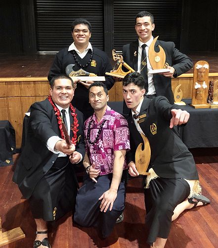 Back row (from left): Robert Prescott and Hohaia Keogh.  Front row (from left) Natthanael Lavasi'i, Mr Oliva Cowley, and Nauvoo Dixon.