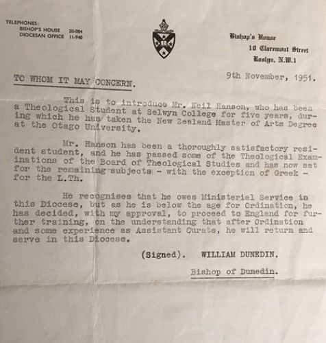 Letter from Bishop William Fitchett 