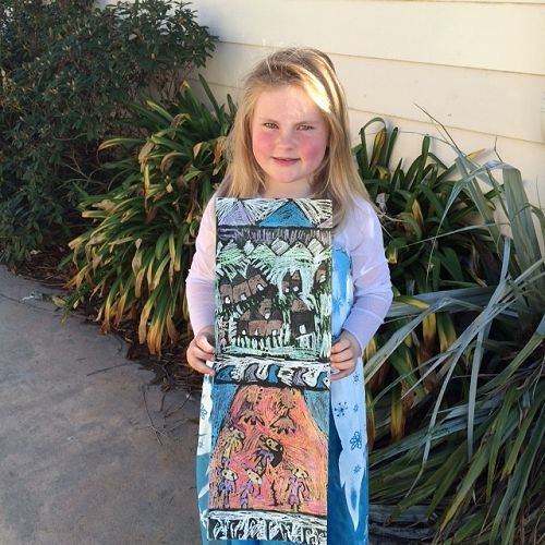 Kate and her crayon batik panel.