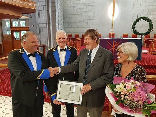 Pat Heaphy (pictured with wife Christine) presented with his life membership by Andrew Clark and Bob Boodee.