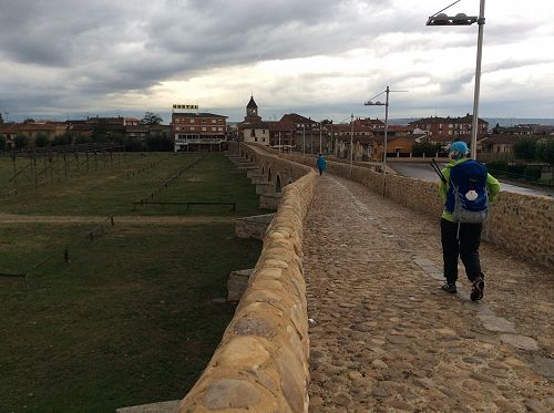 Day 15 Margie walking over the long bridge into Hospital de Orbigo - our stop for breakfast