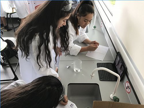 Paris & Ezxyn ponder their hypothesis in a science workshop. 