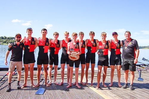 The Under 17 Eight with coaches Mr Caleb Shepherd and Mr Brue Holden