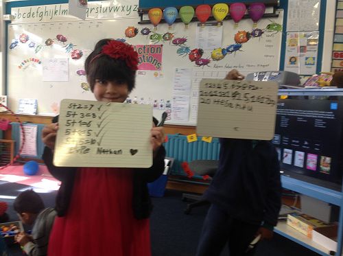 Evie and Hesandu showcase their Math goal practice on whiteboards today. Requirements for achieving our Math goal is providing evidence in 3 different ways that this has been correctly me:-)