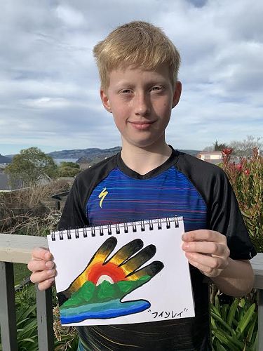 Finlay Auchinvole with his amazing 'handscape art'.  For anyone who is keen to try this activity, it is one of the Dunedin Public Art Gallery lockdown activities