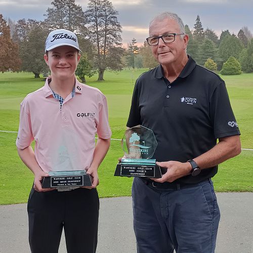 On par: Cooper Moore, left, and St Bede's College old boy Dan McCormick taking two of the three 36-hole titles at the Waitikiri Senior Mens Club Golf Championship.