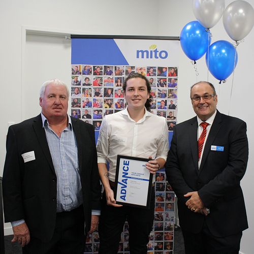 Fraser Pattie was presented with his award by David O'Kane, MITO Chairman (right) accompanied by Jim Arps from Babbage and McCullough (left)