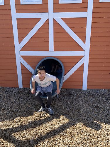Timothy loves slides. He is emerging from the tunnel slide. 