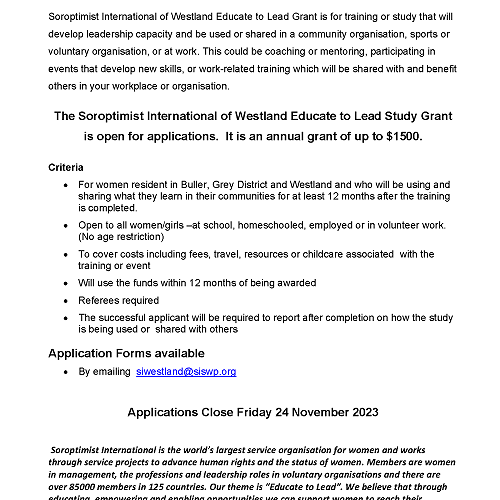Soroptomist International Westland - Educate To Lead Study Grant