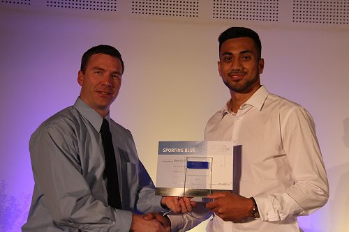 Canterbury Basketball Association Community Basketball Manager James Lissaman presents Ben Williams with his Lincoln University Blue for Basketball