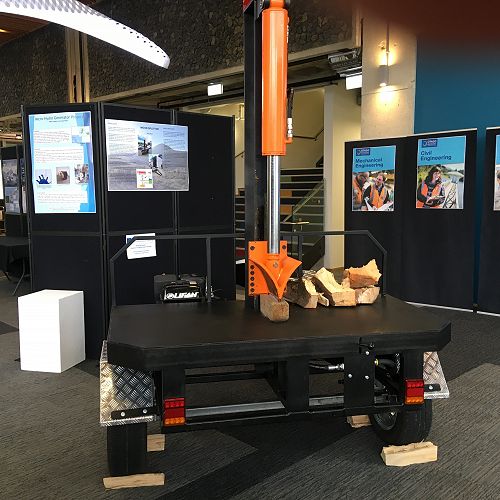 Trailer mounted hydraulic wood splitter, designed and built by Otago Polytechnic students