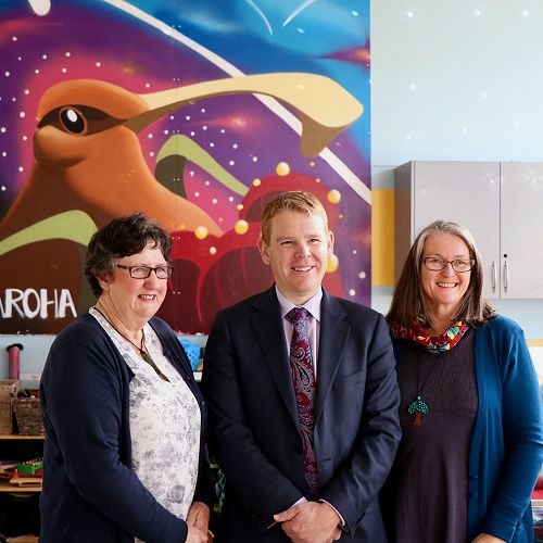 Preschool Director Jocelyn Wright and Board of Trustees Chair Sara Gordon with Education Minister Chris Hipkins