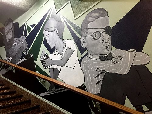 Mural in the entranceway to the Hard To Find Bookshop by Dunedin artist Guy Howard-Smith
