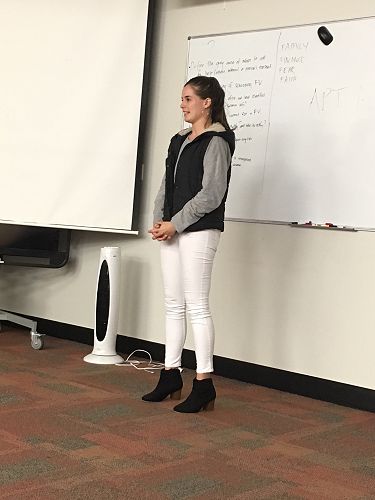 Jaimie Wood practicing her pitch 