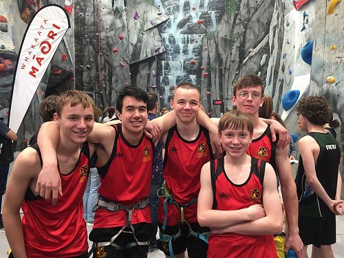 The HBHS Rock Climbing Nationals team (from left): Sam Basel, Max Williams, Jack Basel, and Ethan Carmichael. Front: Connor Carmichael.