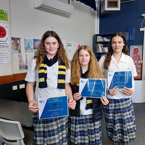 Winners of the NZALT Year 9 video category (from left to right) Izzy, Charlotte and Claudia.